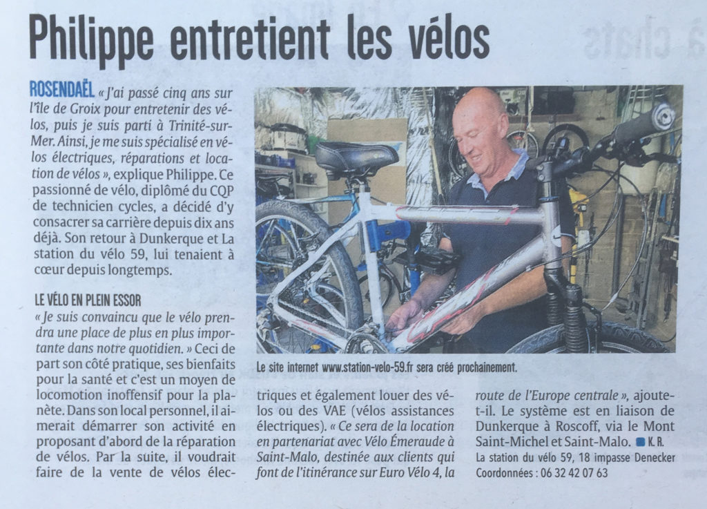 Article paru dans le journal Dunkerque pour l'ouverture de la boutique La Station du Vélo 59